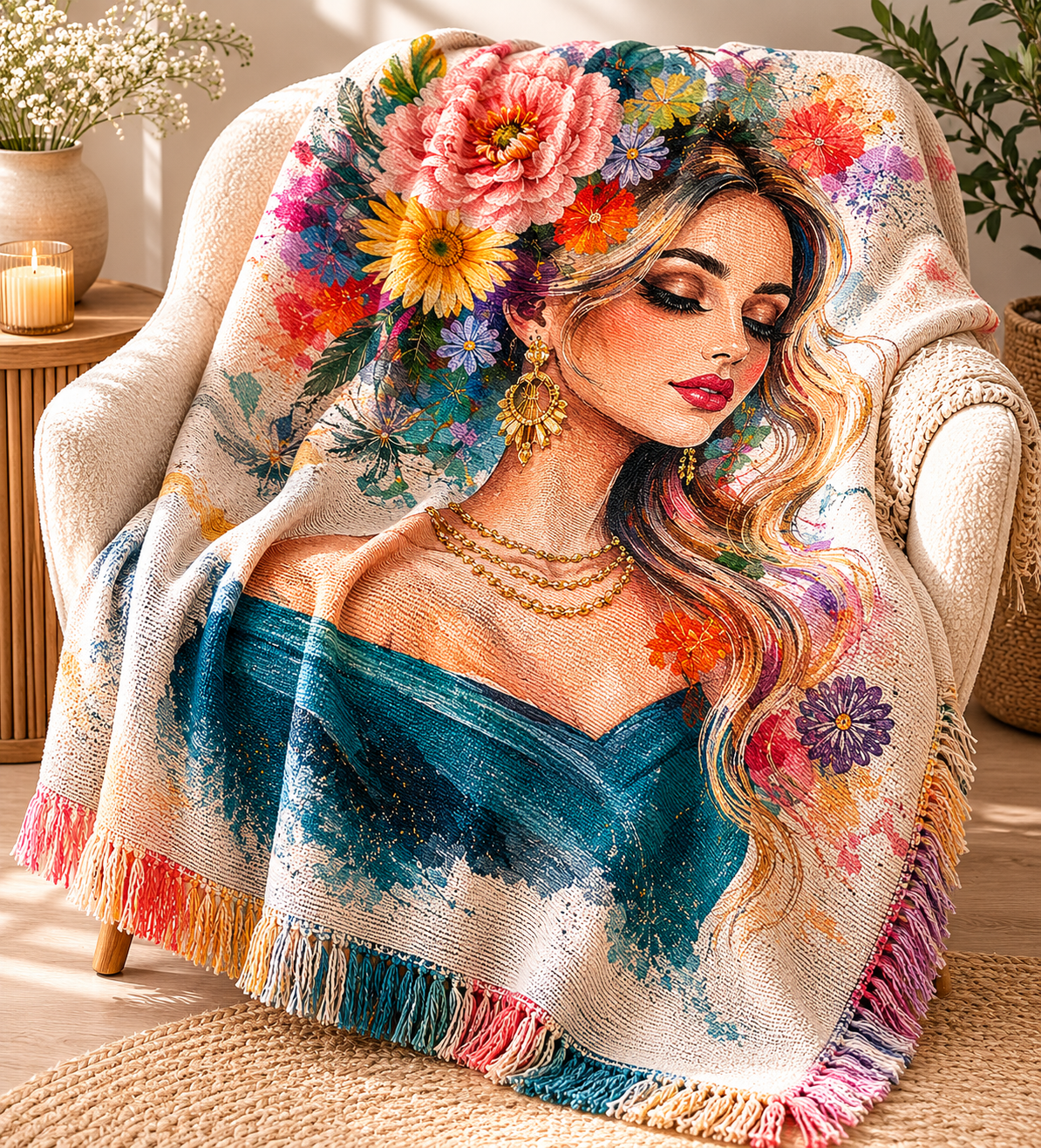 Girl flower Cotton Woven Throw Blanket