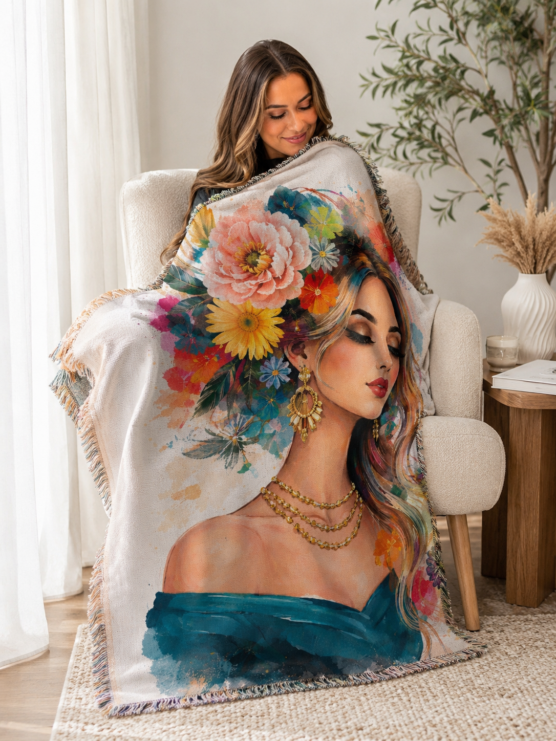 Girl flower Cotton Woven Throw Blanket